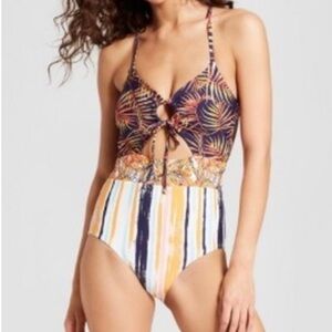 Social Angel Cut Out One Piece Cross Strap Back Floral/Stripes Navy Size Large